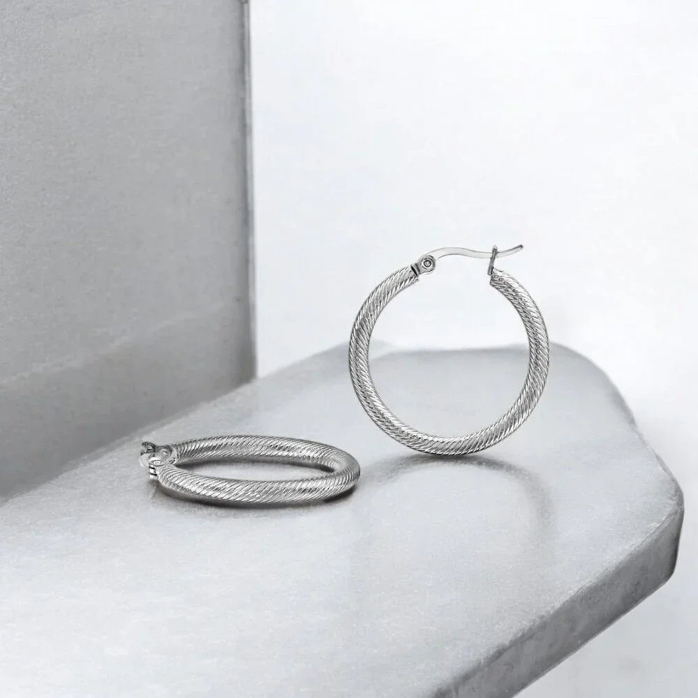 Silver Stainless Steel Hoop Earrings Twisted Rope Everyday‎ Gift Minimal Modern